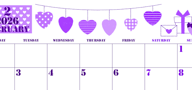 2026年2月横型月曜始まり ラブレターイラストのかわいいA4無料パープルのカレンダー(2026-00970201)