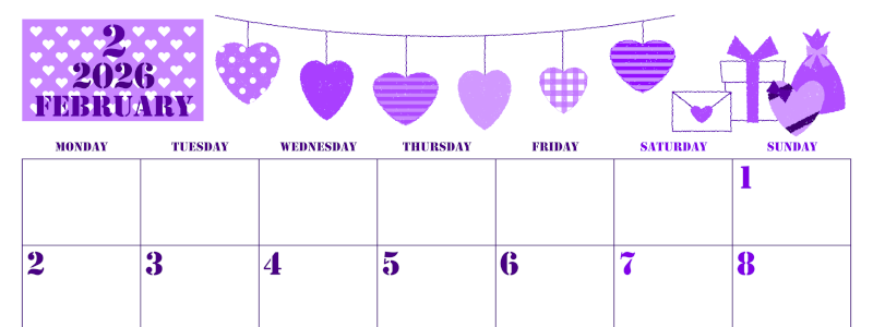 2026年2月横型月曜始まり ラブレターイラストのかわいいA4無料パープルのカレンダー(2026-00970201)