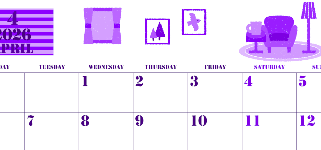 2026年4月横型月曜始まり 新生活イラストのかわいいA4無料パープルのカレンダー(2026-00970401)