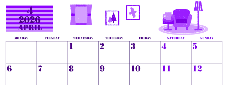 2026年4月横型月曜始まり 新生活イラストのかわいいA4無料パープルのカレンダー(2026-00970401)