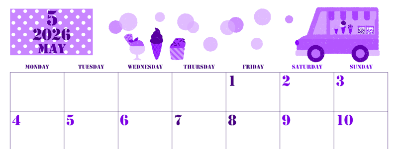 2026年5月横型月曜始まり アイスクリームのイラストがかわいいA4無料パープルのカレンダー(2026-00970501)