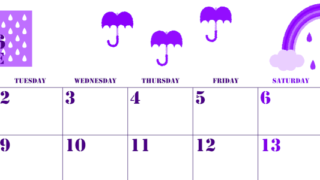 2026年6月横型月曜始まり 虹イラストのかわいいA4無料パープルのカレンダー(2026-00970601)