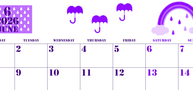 2026年6月横型月曜始まり 虹イラストのかわいいA4無料パープルのカレンダー(2026-00970601)