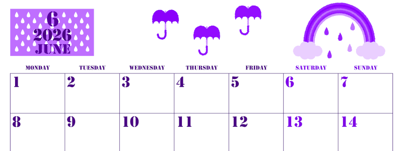 2026年6月横型月曜始まり 虹イラストのかわいいA4無料パープルのカレンダー(2026-00970601)