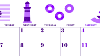 2026年7月横型月曜始まり マリンなイラストのかわいいA4無料パープルのカレンダー(2026-00970701)