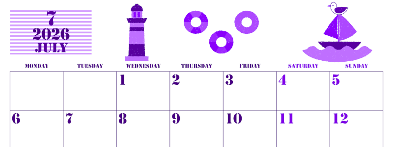 2026年7月横型月曜始まり マリンなイラストのかわいいA4無料パープルのカレンダー(2026-00970701)