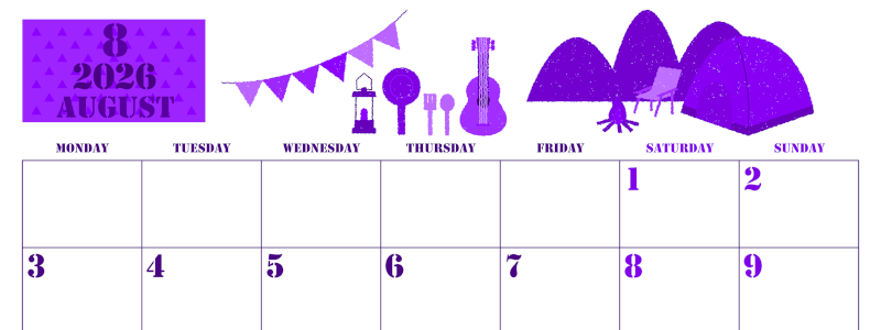 2026年8月横型月曜始まり 夏休みイラストのかわいいA4無料パープルのカレンダー(2026-00970801)