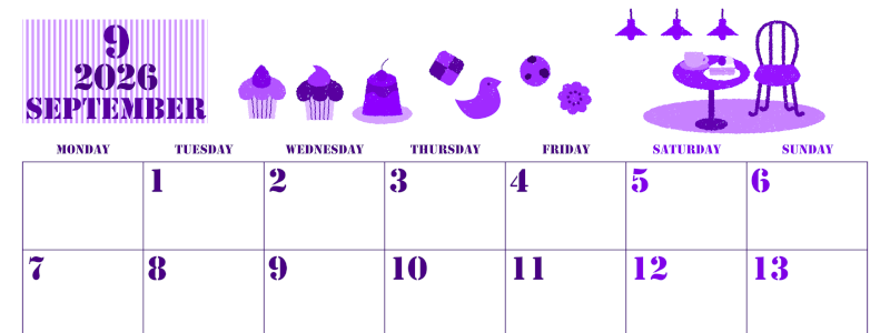 2026年9月横型月曜始まり 食欲の秋イラストのかわいいA4無料パープルのカレンダー(2026-00970901)