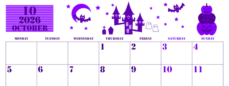 2026年10月横型月曜始まり ハロウィンイラストがかわいいA4無料パープルのカレンダー(2026-00971001)