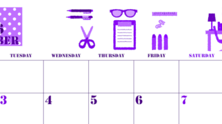 2026年11月横型月曜始まり 文房具イラストのかわいいA4無料パープルのカレンダー(2026-00971101)