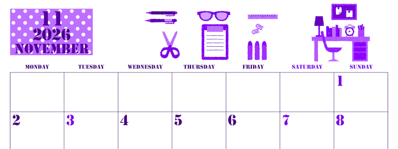 2026年11月横型月曜始まり 文房具イラストのかわいいA4無料パープルのカレンダー(2026-00971101)
