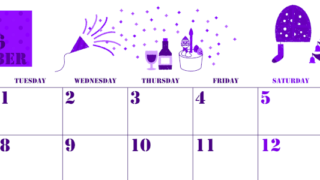 2026年12月横型月曜始まり パーティーのイラストがかわいいA4無料パープルのカレンダー(2026-00971201)