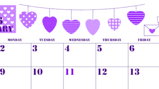 2026年2月横型日曜始まり ラブレターイラストのかわいいA4無料パープルのカレンダー(2026-00970200)