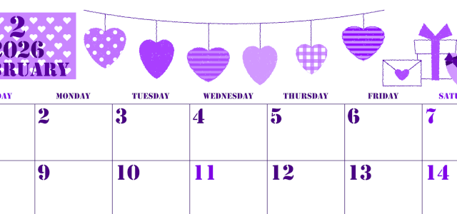 2026年2月横型日曜始まり ラブレターイラストのかわいいA4無料パープルのカレンダー(2026-00970200)