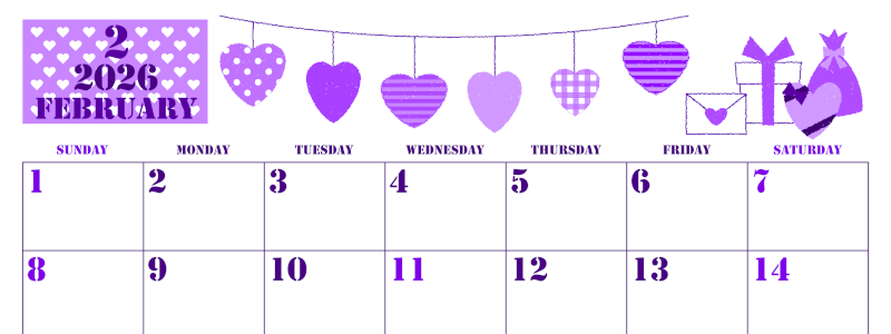 2026年2月横型日曜始まり ラブレターイラストのかわいいA4無料パープルのカレンダー(2026-00970200)