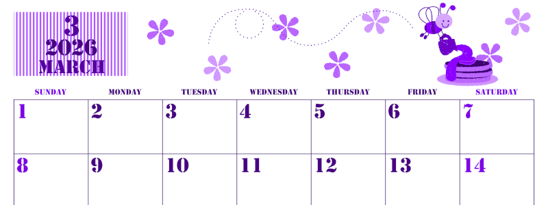 2026年3月横型日曜始まり パンケーキイラストのかわいいA4無料パープルのカレンダー(2026-00970300)