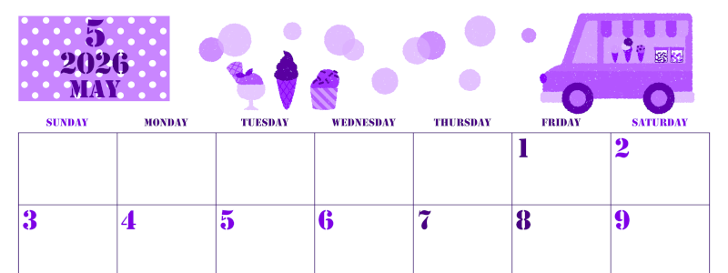2026年5月横型日曜始まり アイスクリームのイラストがかわいいA4無料パープルのカレンダー(2026-00970500)