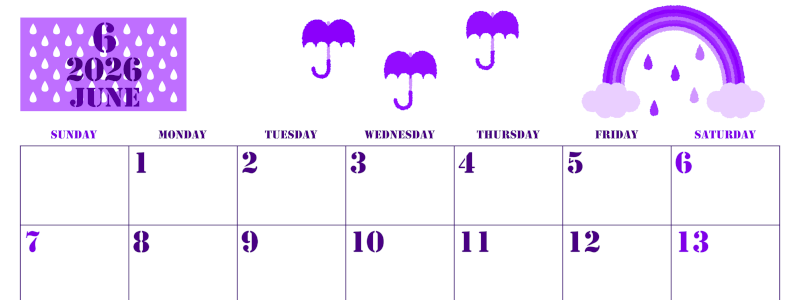 2026年6月横型日曜始まり 虹イラストのかわいいA4無料パープルのカレンダー(2026-00970600)