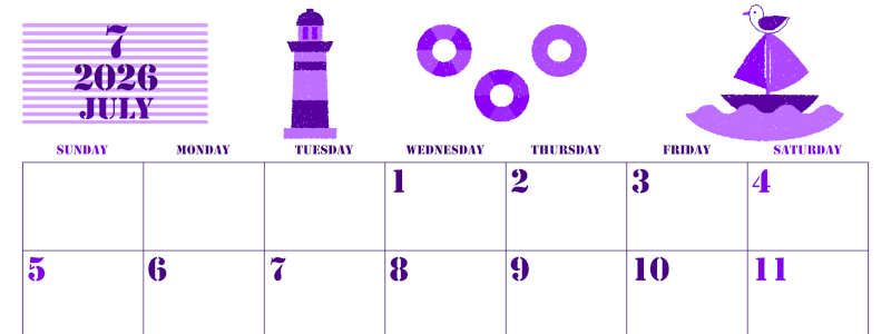 2026年7月横型日曜始まり マリンなイラストのかわいいA4無料パープルのカレンダー(2026-00970700)
