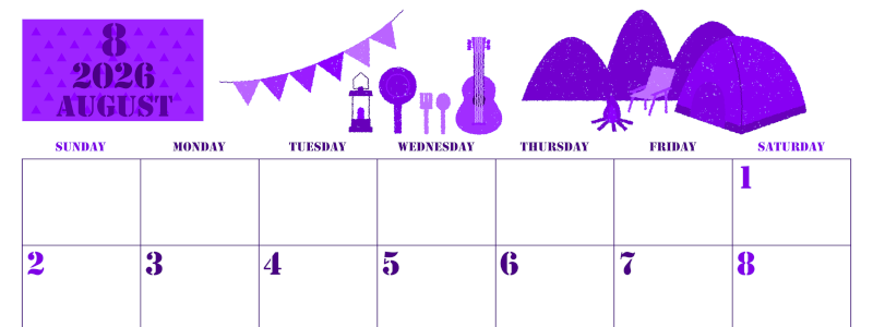 2026年8月横型日曜始まり 夏休みイラストのかわいいA4無料パープルのカレンダー(2026-00970800)