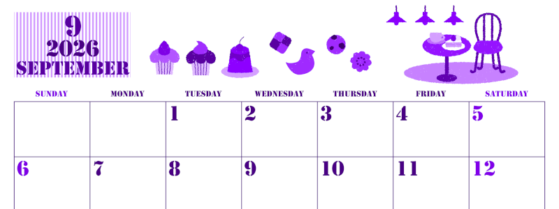 2026年9月横型日曜始まり 食欲の秋イラストのかわいいA4無料パープルのカレンダー(2026-00970900)