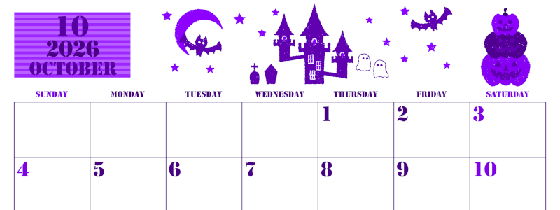 2026年10月横型日曜始まり ハロウィンイラストがかわいいA4無料パープルのカレンダー(2026-00971000)