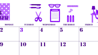 2026年11月横型日曜始まり 文房具イラストのかわいいA4無料パープルのカレンダー(2026-00971100)