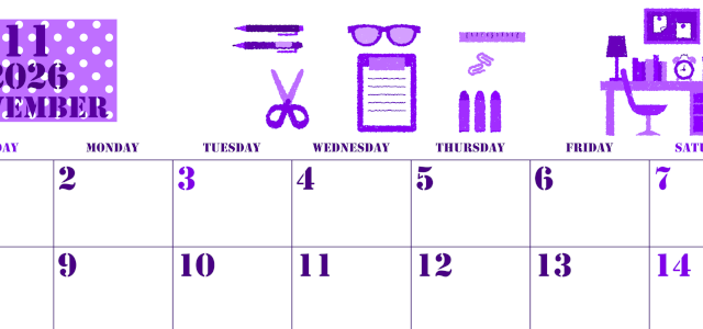 2026年11月横型日曜始まり 文房具イラストのかわいいA4無料パープルのカレンダー(2026-00971100)