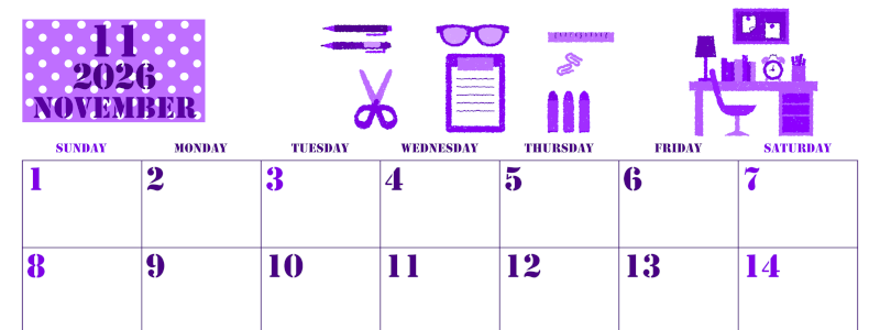 2026年11月横型日曜始まり 文房具イラストのかわいいA4無料パープルのカレンダー(2026-00971100)