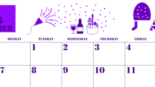 2026年12月横型日曜始まり パーティーのイラストがかわいいA4無料パープルのカレンダー(2026-00971200)