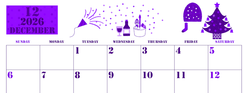 2026年12月横型日曜始まり パーティーのイラストがかわいいA4無料パープルのカレンダー(2026-00971200)