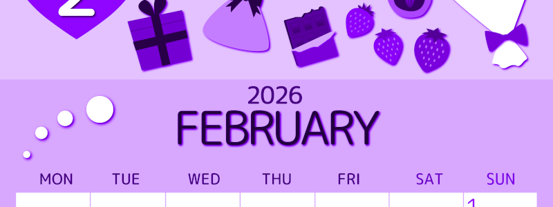 2026年2月縦型月曜始まり プレゼントがかわいいイラストA4無料パープルのカレンダー(2026-00990211)