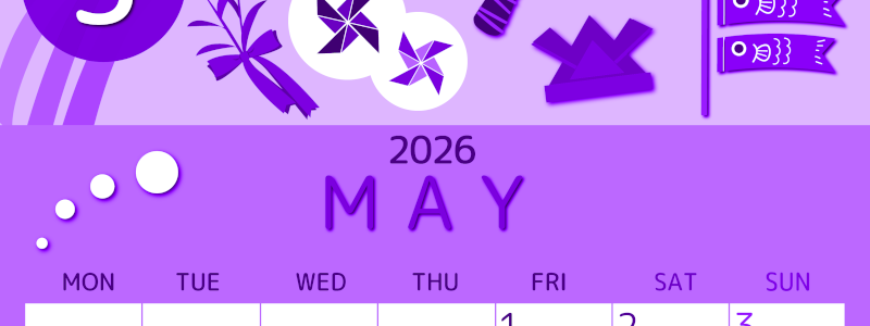 2026年5月縦型月曜始まり イベントイラストのかわいいA4無料パープルのカレンダー(2026-00990511)