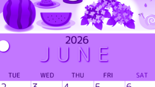 2026年6月縦型月曜始まり すいかイラストのかわいいA4無料パープルのカレンダー(2026-00990611)