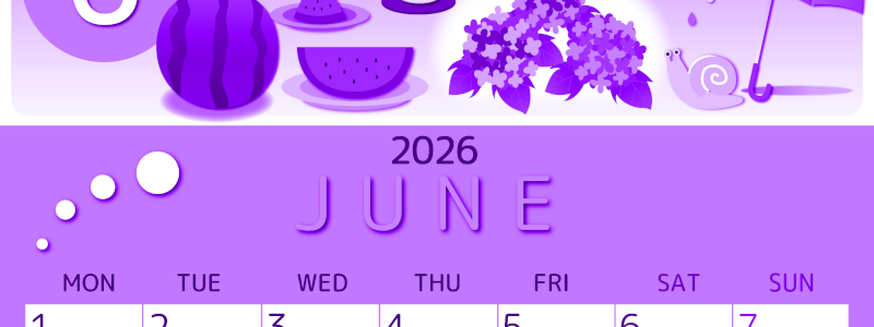 2026年6月縦型月曜始まり すいかイラストのかわいいA4無料パープルのカレンダー(2026-00990611)