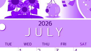 2026年7月縦型月曜始まり 蚊取り線香イラストのかわいいA4無料パープルのカレンダー(2026-00990711)