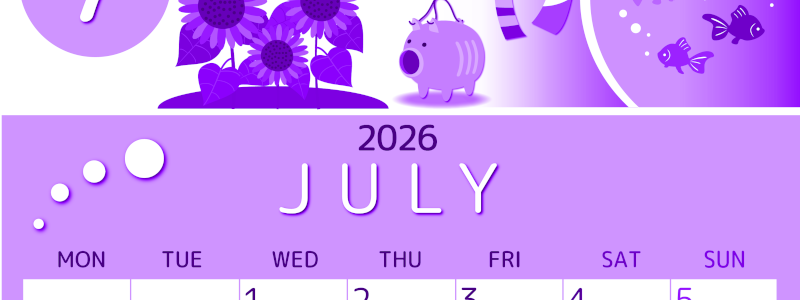 2026年7月縦型月曜始まり 蚊取り線香イラストのかわいいA4無料パープルのカレンダー(2026-00990711)