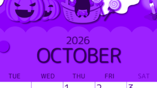 2026年10月縦型月曜始まり 行事イラストのかわいいA4無料パープルのカレンダー(2026-00991011)