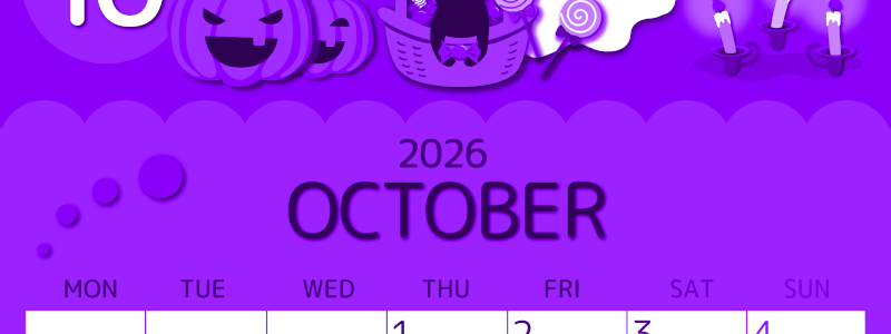 2026年10月縦型月曜始まり 行事イラストのかわいいA4無料パープルのカレンダー(2026-00991011)