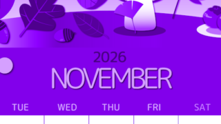 2026年11月縦型月曜始まり きのこイラストのかわいいA4無料パープルのカレンダー(2026-00991111)