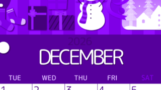 2026年12月縦型月曜始まり 雪だるまイラストのかわいいA4無料パープルのカレンダー(2026-00991211)