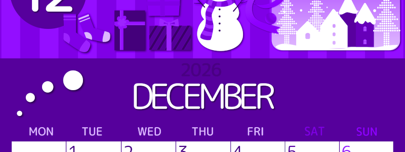 2026年12月縦型月曜始まり 雪だるまイラストのかわいいA4無料パープルのカレンダー(2026-00991211)