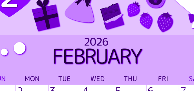 2026年2月縦型日曜始まり プレゼントがかわいいイラストA4無料パープルのカレンダー(2026-00990210)