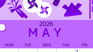 2026年5月縦型日曜始まり イベントイラストのかわいいA4無料パープルのカレンダー(2026-00990510)