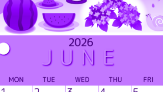 2026年6月縦型日曜始まり すいかイラストのかわいいA4無料パープルのカレンダー(2026-00990610)