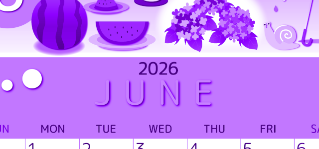2026年6月縦型日曜始まり すいかイラストのかわいいA4無料パープルのカレンダー(2026-00990610)