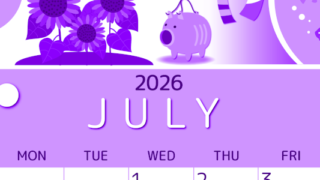 2026年7月縦型日曜始まり 蚊取り線香イラストのかわいいA4無料パープルのカレンダー(2026-00990710)
