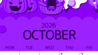 2026年10月縦型日曜始まり 行事イラストのかわいいA4無料パープルのカレンダー(2026-00991010)