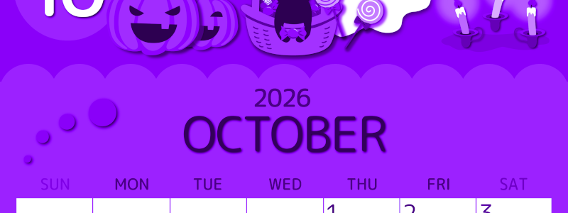 2026年10月縦型日曜始まり 行事イラストのかわいいA4無料パープルのカレンダー(2026-00991010)