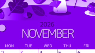 2026年11月縦型日曜始まり きのこイラストのかわいいA4無料パープルのカレンダー(2026-00991110)